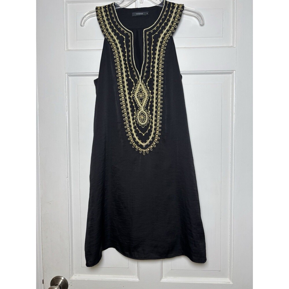 Theme Midi Dress Women M Black Gold Embroidered Sleeveless Aztec Bohemian Indie